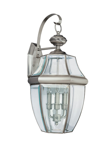 Curved Beveled Antique Brushed Nickel Outdoor 3 Light Wall Lantern, Lighting, Laura of Pembroke
