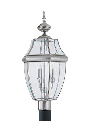 Curved Beveled Antique Brushed Nickel 3 Light Outdoor Post Lantern, Lighting, Laura of Pembroke