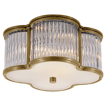 Quatre Foil Small Flush Mount in Natural Brass and Clear Glass Rods with Frosted Glass, Lighting, Laura of Pembroke