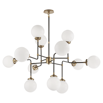 Bistro Medium Chandelier in Hand-Rubbed Antique Brass with White Glass, Lighting, Laura of Pembroke