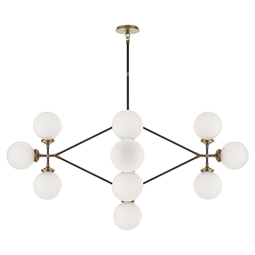 Bistro Four Arm Chandelier in Hand-Rubbed Antique Brass and Black with White Glass, Lighting, Laura of Pembroke