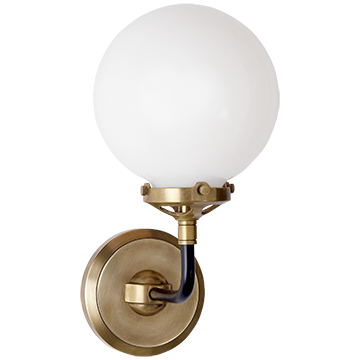 Bistro Single Light Sconce in Hand-Rubbed Antique Brass and Black with White Glass, Lighting, Laura of Pembroke