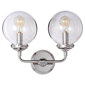 Bistro Double Light Curved Sconce in Polished Nickel with Clear Glass, Lighting, Laura of Pembroke