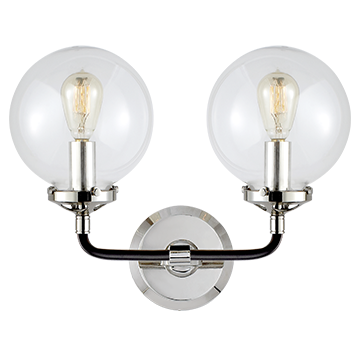 Bistro Double Light Curved Sconce in Polished Nickel and Black with Clear Glass, Lighting, Laura of Pembroke