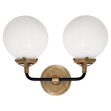 Bistro Double Light Curved Sconce in Hand-Rubbed Antique Brass and Black with White Glass, Lighting, Laura of Pembroke