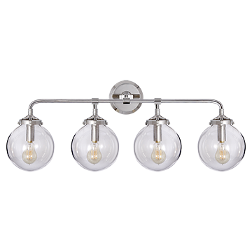 Bistro Four Light Bath Sconce in Polished Nickel with Clear Glass, Lighting, Laura of Pembroke