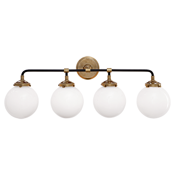 Bistro Four Light Bath Sconce in Hand-Rubbed Antique Brass and Black with White Glass, Lighting, Laura of Pembroke