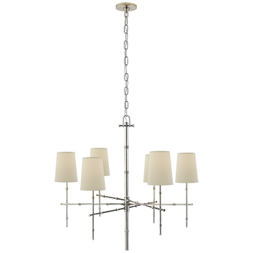 Medium Modern Bamboo Chandelier in Polished Nickel with Natural Percale Shades, Lighting, Laura of Pembroke
