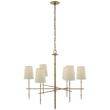 Medium Modern Bamboo Chandelier in Hand-Rubbed Antique Brass with Natural Percale Shades, Lighting, Laura of Pembroke