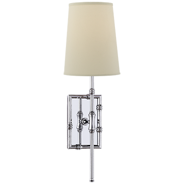 Single Modern Bamboo Sconce in Polished Nickel with Natural Percale Shade, Lighting, Laura of Pembroke