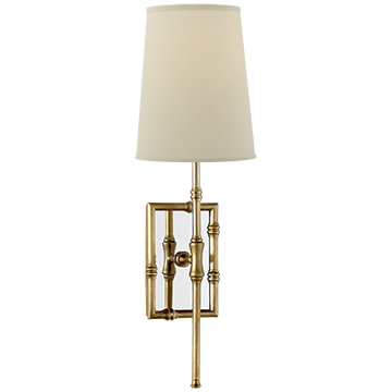 Single Modern Bamboo Sconce in Hand-Rubbed Antique Brass with Natural Percale Shade, Lighting, Laura of Pembroke