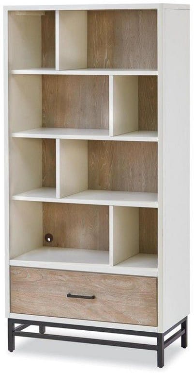 LIGHT WOOD BOOKCASE-PARCHMENT AND GRAY
