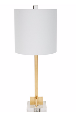 ABITA GOLD LEAF LAMP WITH WHITE LINEN SHADE & CRYSTAL BASE