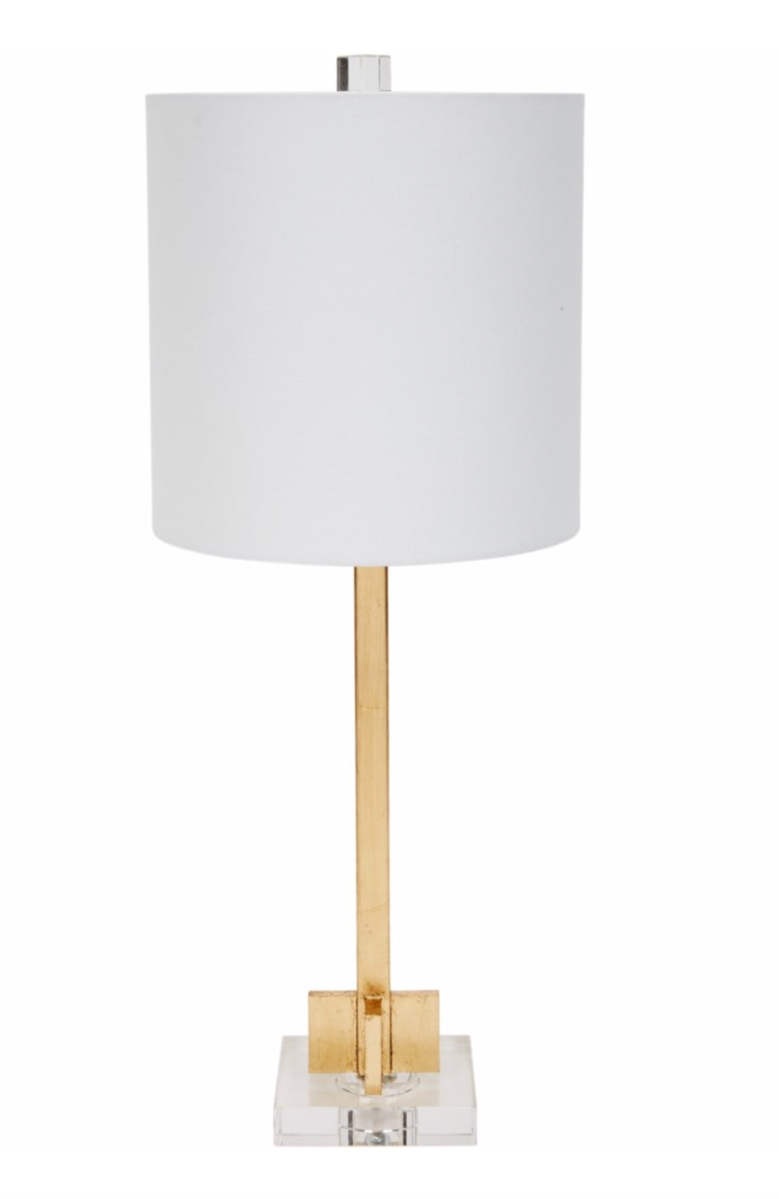 ABITA GOLD LEAF LAMP WITH WHITE LINEN SHADE & CRYSTAL BASE