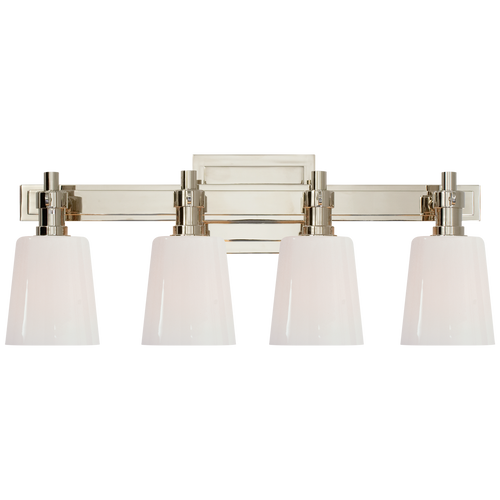 Bryant Four-Light Bath Sconce in Polished Nickel with White Glass