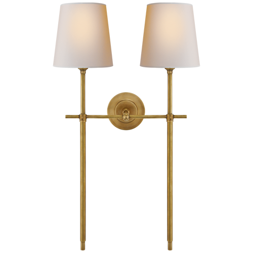 Bryant Large Double Tail Sconce in Hand-Rubbed Antique Brass with Natural Paper Shades