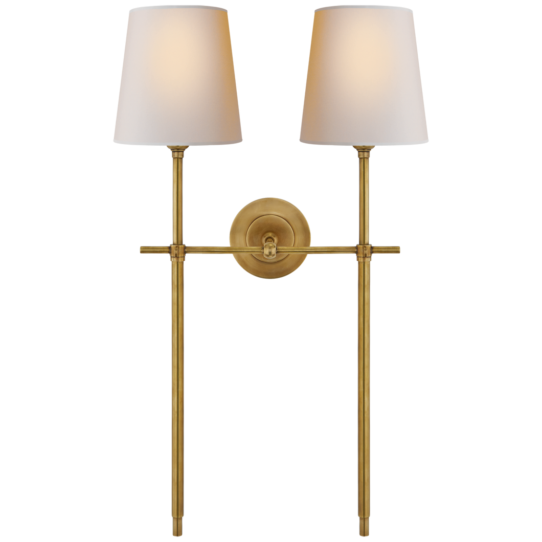 Bryant Large Double Tail Sconce in Hand-Rubbed Antique Brass with Natural Paper Shades