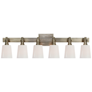 Bryant Six-Light Linear Bath Sconce in Antique Nickel with White Glass