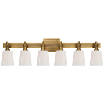 Bryant Six-Light Linear Bath Sconce in Hand-Rubbed Antique Brass with White Glass