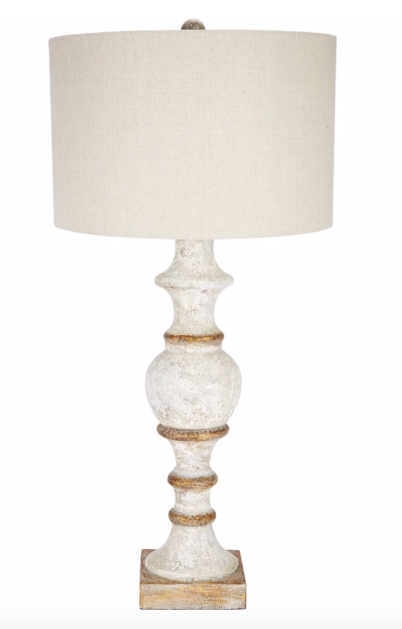 FRENCH WHITE & GOLD ACCENTED SPINDLE LAMP WITH LIGHT LINEN BARREL SHADE