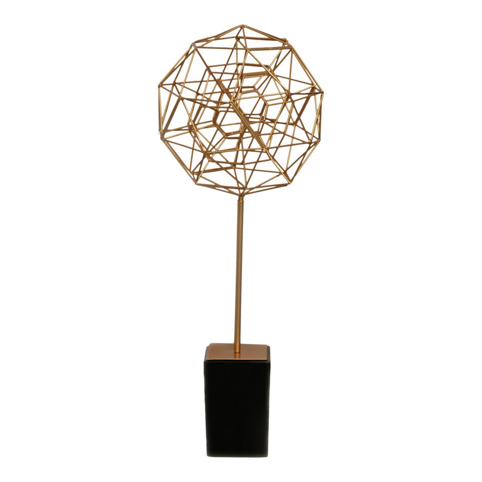 A intricate isometric sculpture made of iron in a copper finish and set upon a marble base.  Dimensions: 10