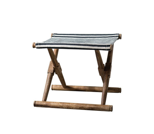 Mango Wood & Cotton Woven Striped Folding Stool