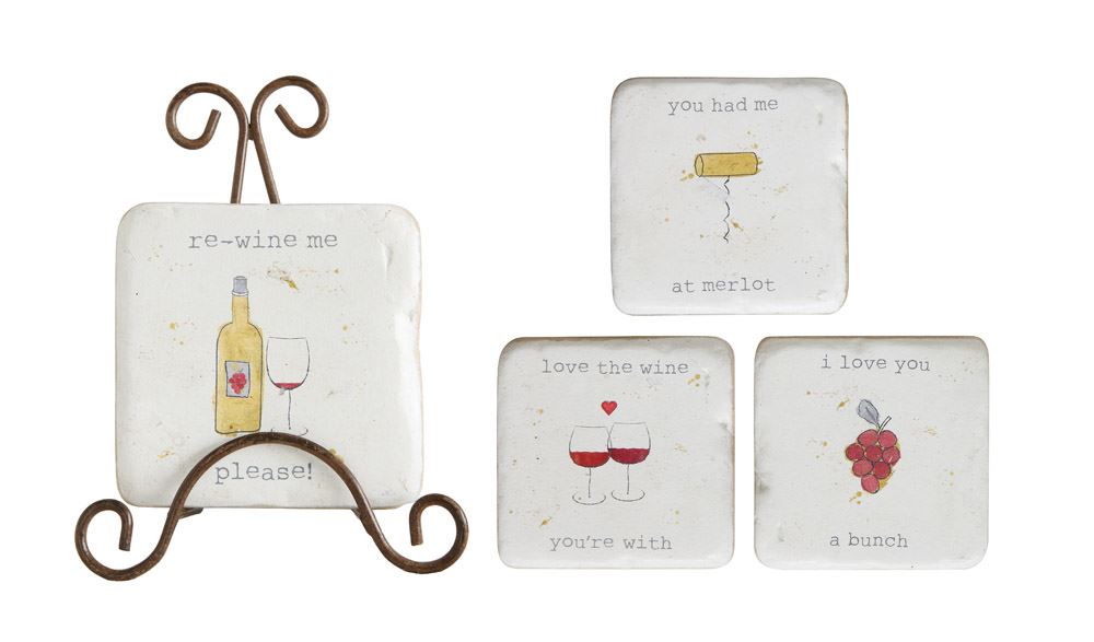 Resin Coasters w/ Wine Saying & Metal Easel