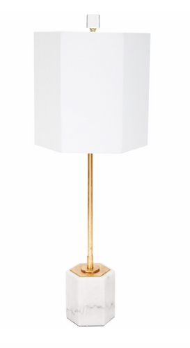 SCOUT HEXAGONAL WHITE MARBLE BUFFET LAMP WITH WHITE LINEN SHADE