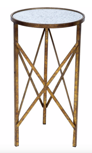 THREE LEGGED DARK GOLD WITH ANTIQUE MIRROR ACCENT TABLE