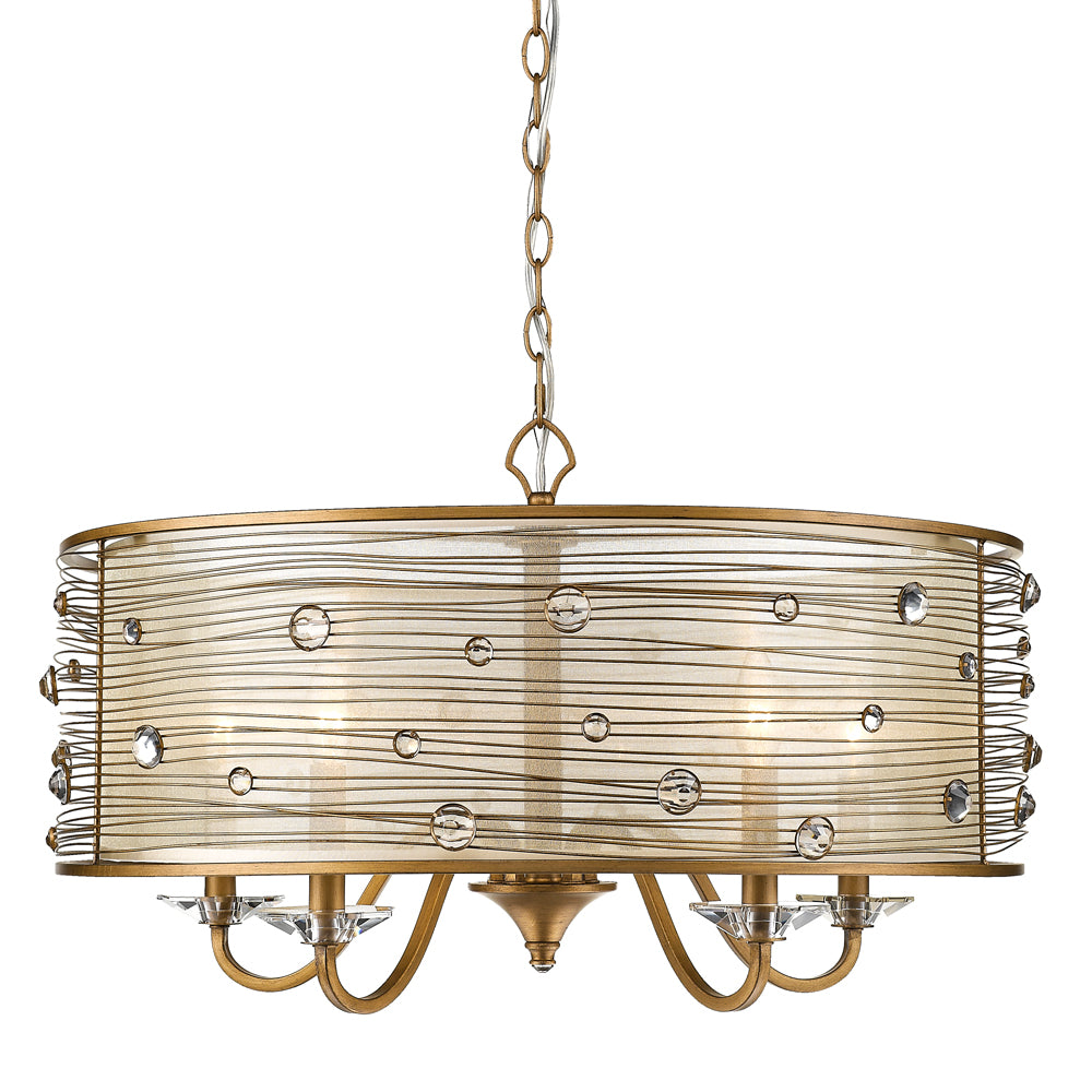 Joia 5 Light Chandelier in Peruvian Gold with a Sheer Filigree Mist Shade